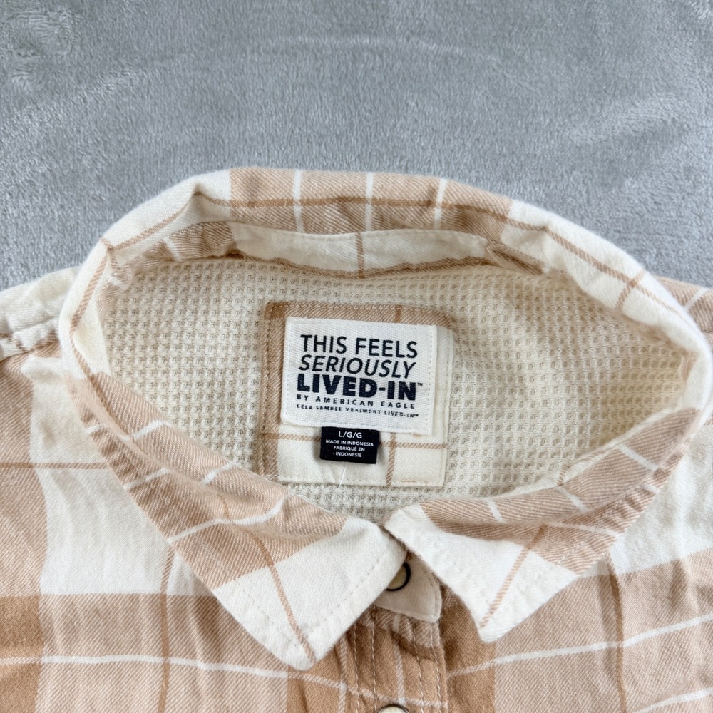 American Eagle Women's L Seriously Lived-In Tan Plaid Flannel Button Down Shirt - Picture 3 of 7
